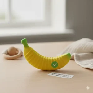 An example of a safe, one-piece silicone teether design, specifically manufactured for avoiding small parts in baby teething toys.