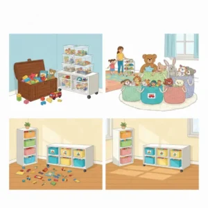 A wheeled cart functioning as portable toy storage bins to prevent tripping, easily rolled out of the way when not in use.