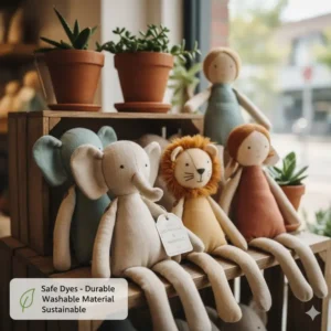 A display of eco-friendly and non-toxic products, emphasizing the quality of safe plush toys washable material.