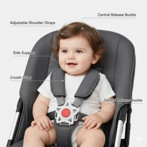 An illustration showing a baby secured safely in the seat of the safe travel stroller with brakes with a five-point harness.