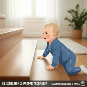 An illustration of a toddler ascending stairs by creeping on hands and knees, the proper technique before learning at what age can baby climb stairs safely upright.