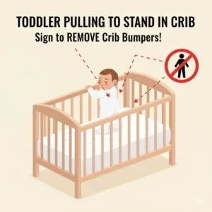 Illustration showing a baby or toddler using their hands to pull up to a standing position in the crib, a sign for when to remove crib bumpers.