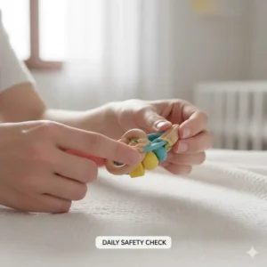 A parent carefully inspecting a used baby teething toy for signs of wear and tear, ensuring they are actively avoiding small parts in baby teething toys.