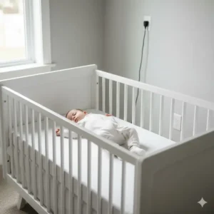 The safe sleep environment inside a crib, showing no loose blankets or toys, as an important tip to baby proof house for crawling baby.
