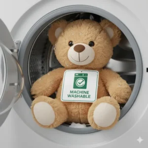 An image of a teddy bear with a label confirming it is a machine-ready safe plush toys washable material for easy deep cleaning.