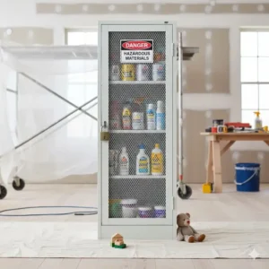 Image of paint cans, solvents, and cleaning supplies stored high up on a locked shelf, demonstrating proper how to child proof during renovations for hazardous materials.