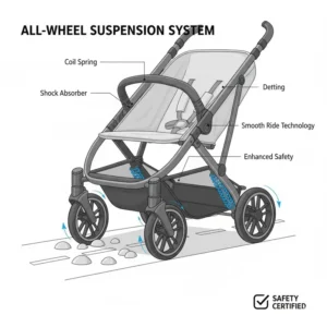 Technical graphic of the all-wheel suspension system on the safe travel stroller with brakes.