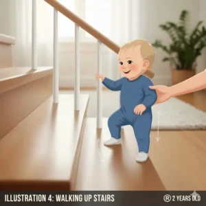 A 2-year-old toddler walking up the stairs while holding the handrail, an important stage in determining at what age can baby climb stairs safely.