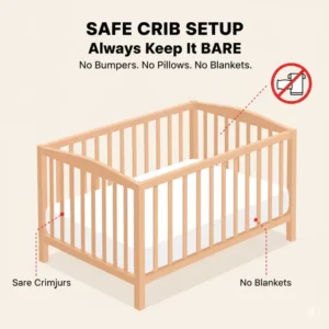 Image of a safe sleep environment, showing a bare crib mattress with only a fitted sheet and knowing when to remove crib bumpers is key.