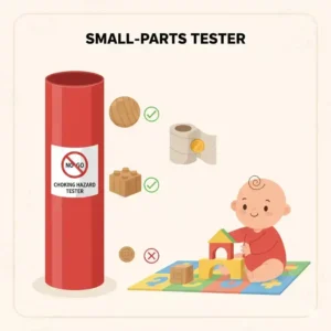 A diagram illustrating how to use a 'small-parts tester' or choke tube to check whether items are choking hazard free baby toys.