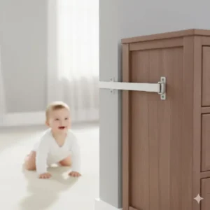 A dresser secured to the wall with an anti-tip safety strap, a crucial tip to baby proof house for crawling baby from tipping over.