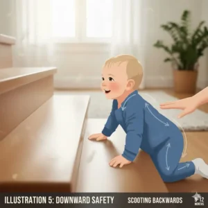 A diagram of a baby learning to descend stairs by scooting backward, the safest way to master at what age can baby climb stairs safely downwards.