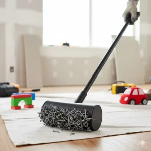 A worker using a magnetic sweep tool on the floor, emphasizing the importance of daily cleanup to remove stray nails and sharp objects, showing how to child proof during renovations.
