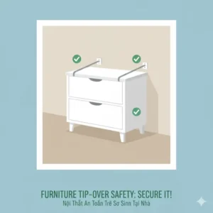 Diagram showing secure anti-tip straps attached to a dresser to ensure the child safety checklist newborn home is followed.