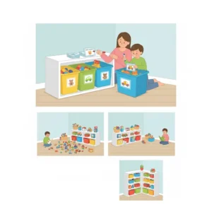 Close-up on labeled containers, showing how proper organization uses toy storage bins to prevent tripping and encourage kids to tidy up.