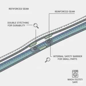 A diagram illustrating reinforced seams and stitching on a durable safe plush toys washable material, preventing small parts from detachment.