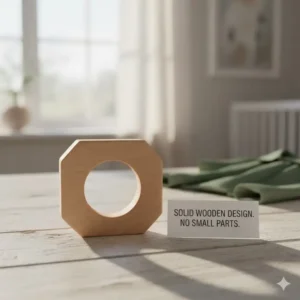 A natural, solid wooden teether with a single-piece design, a great alternative for avoiding small parts in baby teething toys.