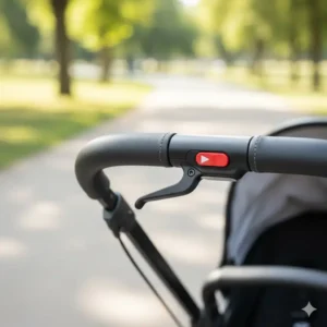 A close-up of the handlebar featuring the additional hand-lever safe travel stroller with brakes.