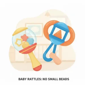 An illustration of two brightly colored, sturdy baby rattles, specifically designed with no small beads or pieces that can break off, making them choking hazard free baby toys.