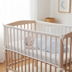 Photo of a crib with a breathable, mesh crib liner securely attached, as a safer alternative to consider when to remove crib bumpers.