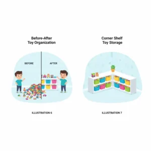 Before-and-after photo demonstrating the transformation using toy storage bins to prevent tripping over scattered toys.