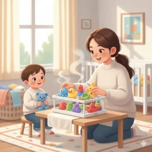An illustration emphasizing the importance of air-drying all sanitized baby toys completely to prevent mold and mildew.
