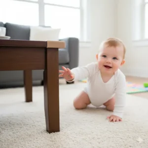 Soft, padded corner guards installed on a coffee table edge to protect a newly crawling baby from sharp corners and injury, a practical tip to baby proof house for crawling baby.