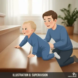 A parent providing close, hands-on supervision while their baby practices climbing, showing that supervision is key regardless of at what age can baby climb stairs safely.