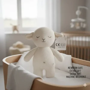 A very soft animal designed for infants, confirming it meets all safety standards as a safe plush toys washable material.