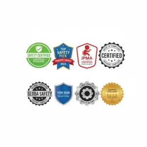 Collection of official safety certification seals and awards for the tested safe travel stroller with brakes.