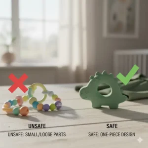 Comparison of an unsafe teething toy with beads versus a safe teether that follows guidelines for avoiding small parts in baby teething toys.