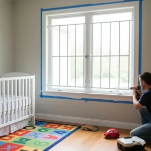Installing a temporary window guard or lock on an accessible window to prevent falls, addressing a key risk when learning how to child proof during renovations.