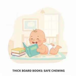 A stack of thick, durable board books being safely chewed by a baby, demonstrating a great choking hazard free baby toys option.