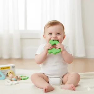 A baby happily grasping a large, ergonomically designed safe teether, demonstrating the benefits of avoiding small parts in baby teething toys.