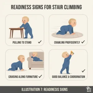 An infographic detailing the signs of readiness and necessary skills that help determine at what age can baby climb stairs safely.