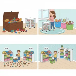 A vertical corner shelf system with cube inserts, utilizing space for toy storage bins to prevent tripping in small rooms.