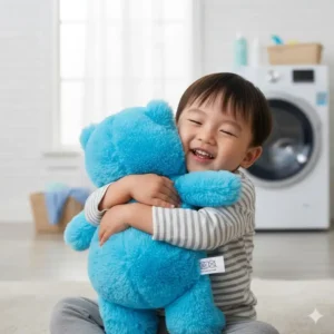 A happy child hugging their beloved safe plush toys washable material which looks new, proving its durability after many washes.