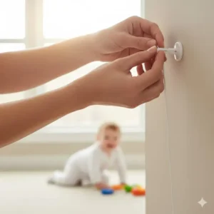 Securing dangling window blind and curtain cords high out of reach, a necessary tip to baby proof house for crawling baby against strangulation hazards.