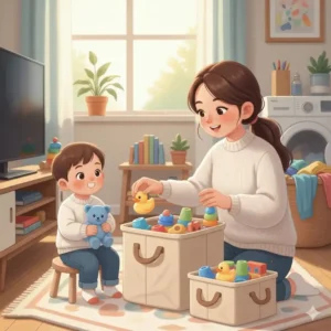 An image of a bin or basket used for organized storage of clean and sanitized baby toys awaiting rotation.