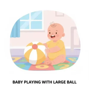 A happy baby on a playmat rolling a large, soft ball (over 1.75 inches in diameter), highlighting a safe, no-choke risk choking hazard free baby toys play item.