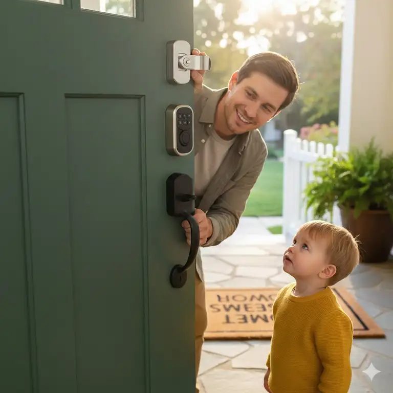 An electronic keyless deadbolt used as a child proof lock on an outside door to keep toddlers inside.child proof locks on outside doors