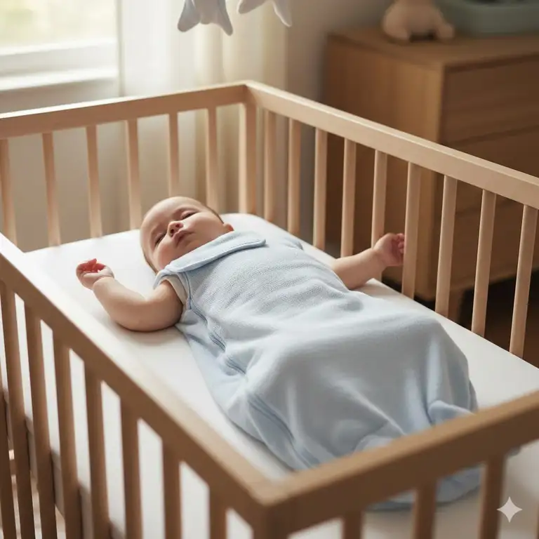 A sleeping infant wearing a cotton wearable blanket that meets baby sleep sack safety standards, placed in a safe sleep environment.