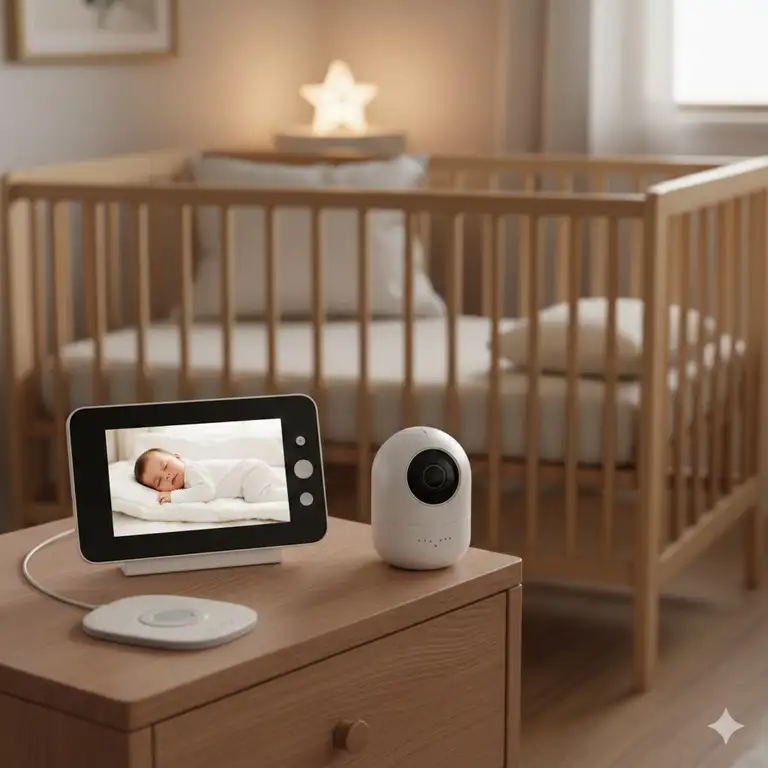 Top-rated best baby monitor with movement sensor and video camera displayed on a nightstand next to a crib.