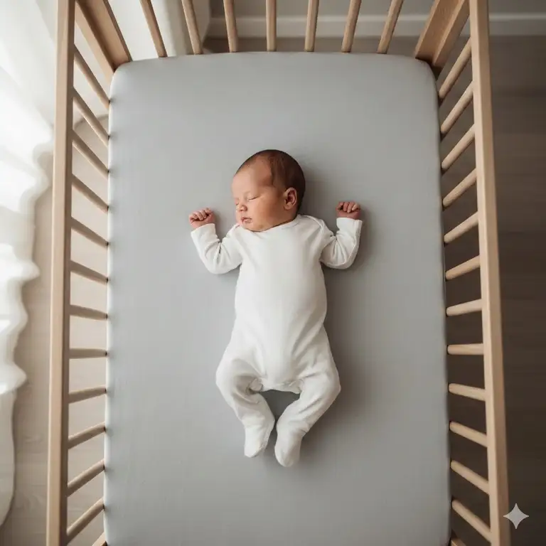 A newborn baby sleeping on a firm and flat mattress, demonstrating the ideal sleep surface for newborn safety.