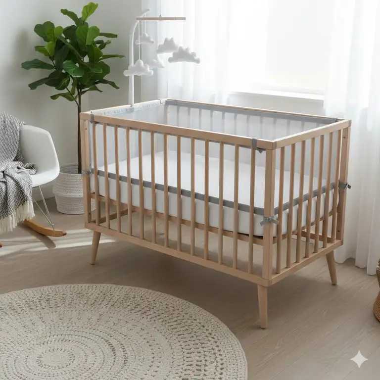Featured Image: A beautifully designed nursery featuring a wooden crib with a mesh liner as one of the best breathable crib bumpers alternatives.