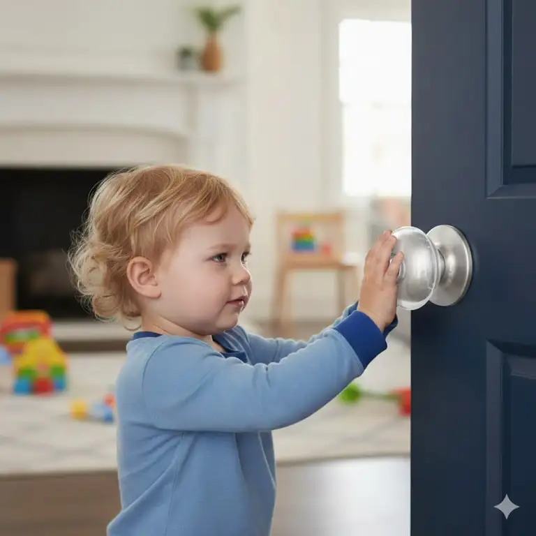 A toddler attempting to turn a handle equipped with child safety door knob covers.