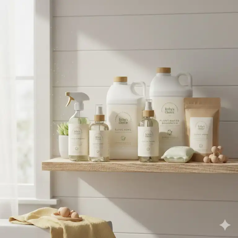 A curated selection of baby friendly cleaning products non toxic items displayed on a wooden shelf, promoting a safe home environment.