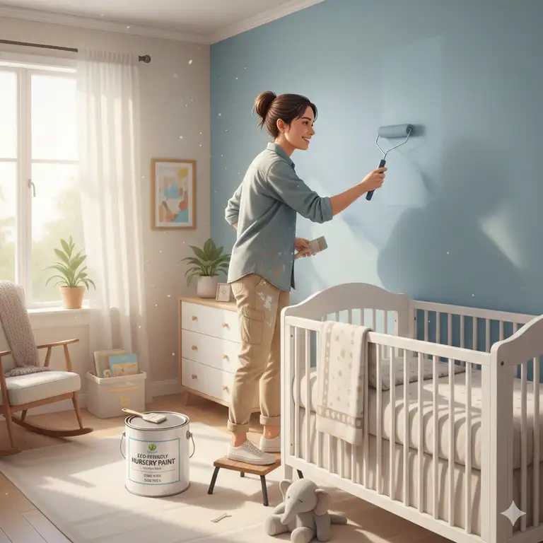 The featured image illustrates the process of choosing low VOC paint for nursery walls, showing a parent carefully painting near a baby crib.