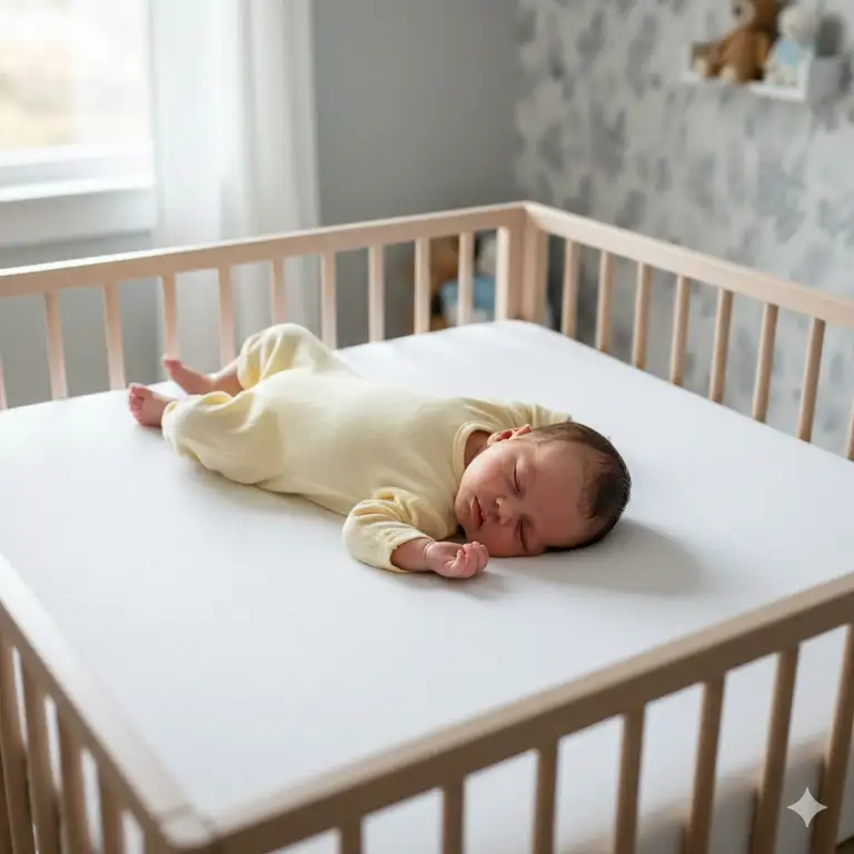 A baby sleeping on its back on a firm crib mattress that meets safe crib mattress firmness guidelines for SIDS prevention.