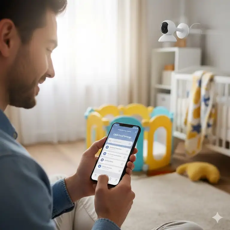 A parent on a smartphone reviewing the menu for wifi camera security child proof settings in a baby's room.